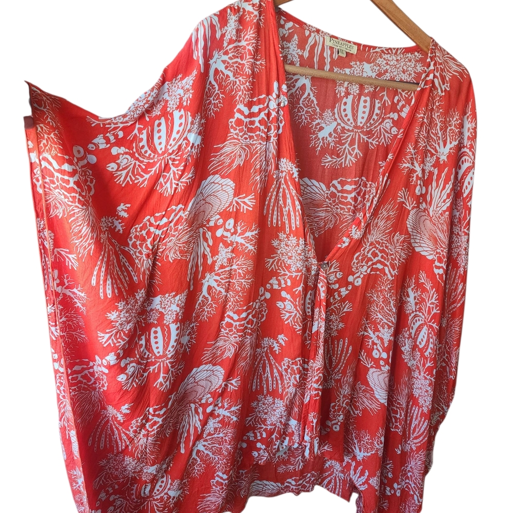 Coral Red and White Floral Kimono Beach Cover Up